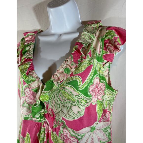 Lilly Pulitzer L Clare Silk Cotton Dress Pink Green Y2K Ruffle Babydoll Feminine - Picture 2 of 8